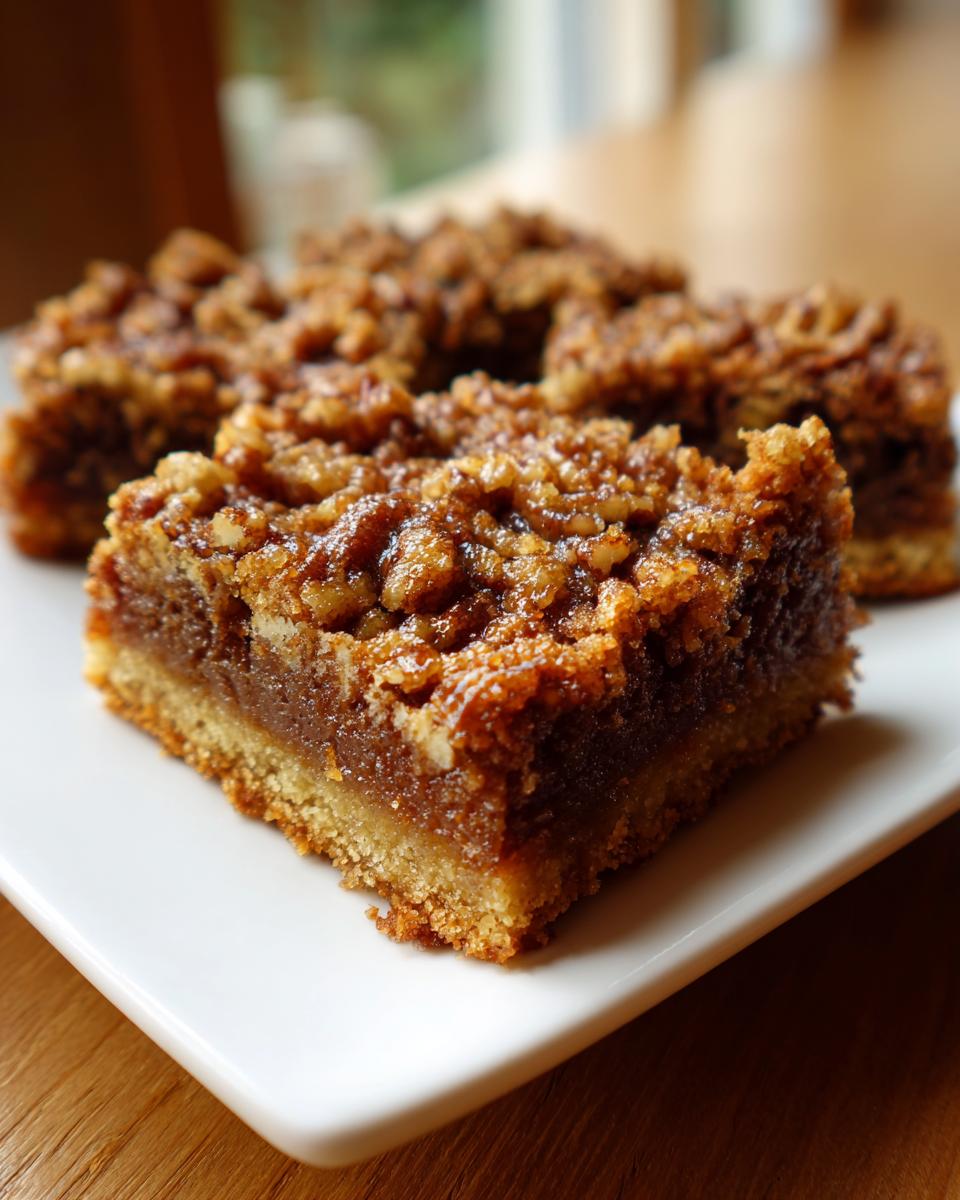 A close-up of a rich, gooey keto pecan square with a crumbly pecan topping resting on a white plate.