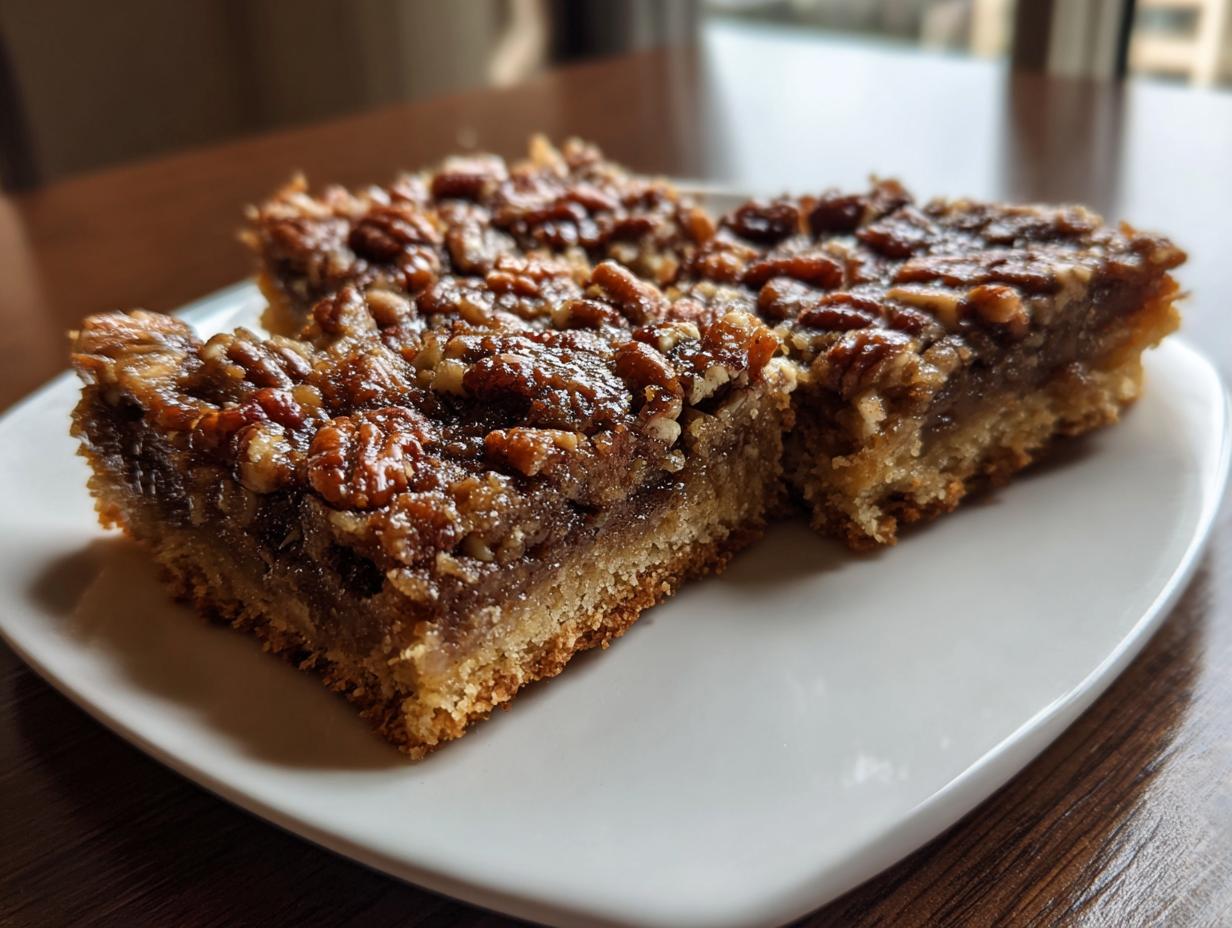 Close-up of three gooey keto pecan square recipe bars with a thick pecan topping on a white plate.