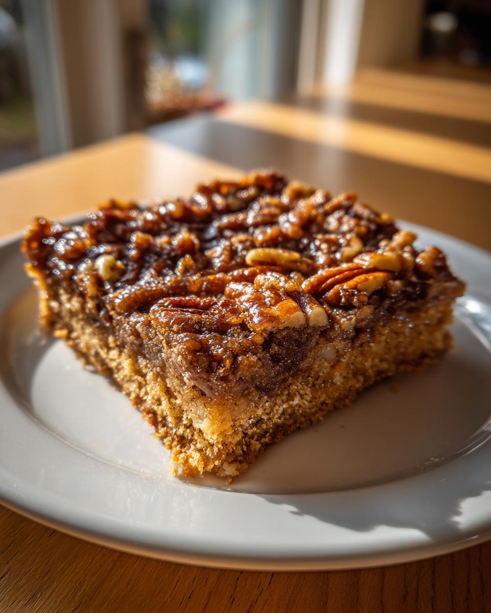 A close-up of a single, rich keto pecan square recipe serving on a white plate.