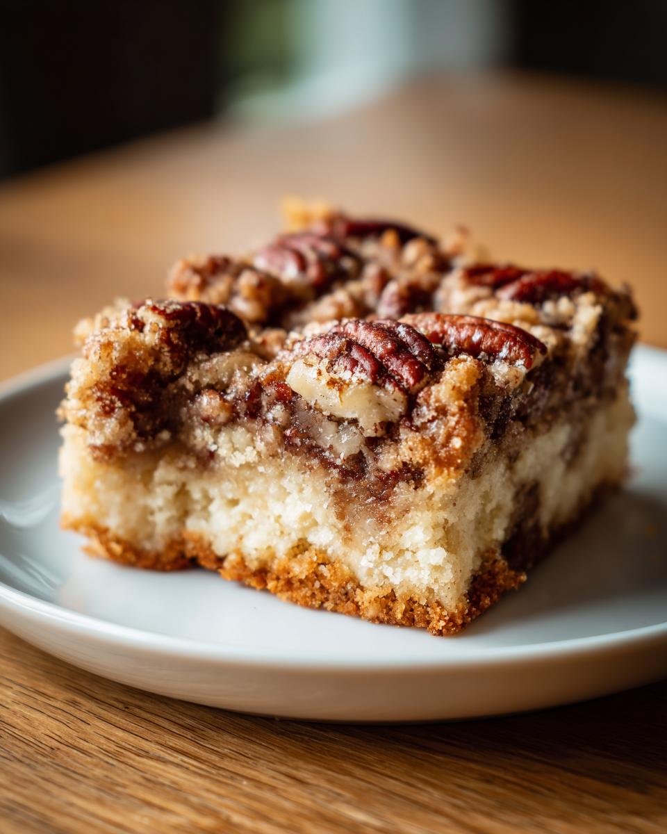 A close-up view of a single serving of a rich keto pecan square recipe, showing the crumbly base and pecan topping.