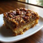 A close-up of a single, rich keto pecan square recipe bar on a white plate.