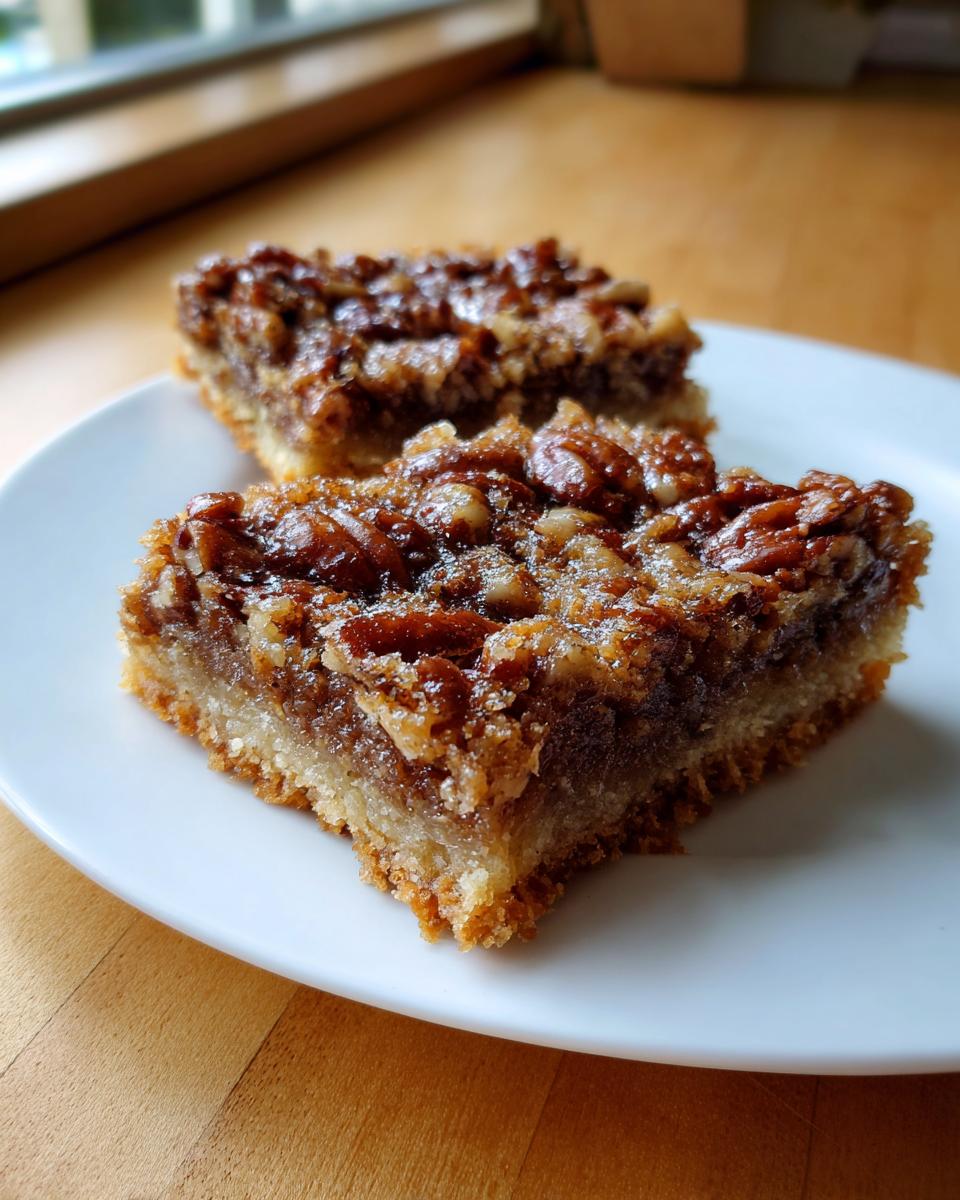 Two gooey, caramelized slices of keto pecan square recipe resting on a white plate near a window.