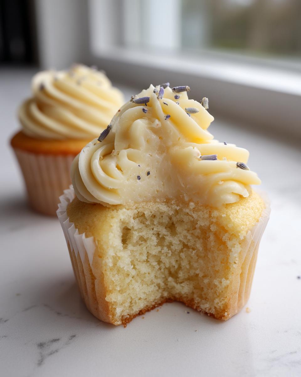 Close-up of a lavender honey cupcake with a bite taken out, showing the moist crumb and creamy frosting topped with lavender buds.
