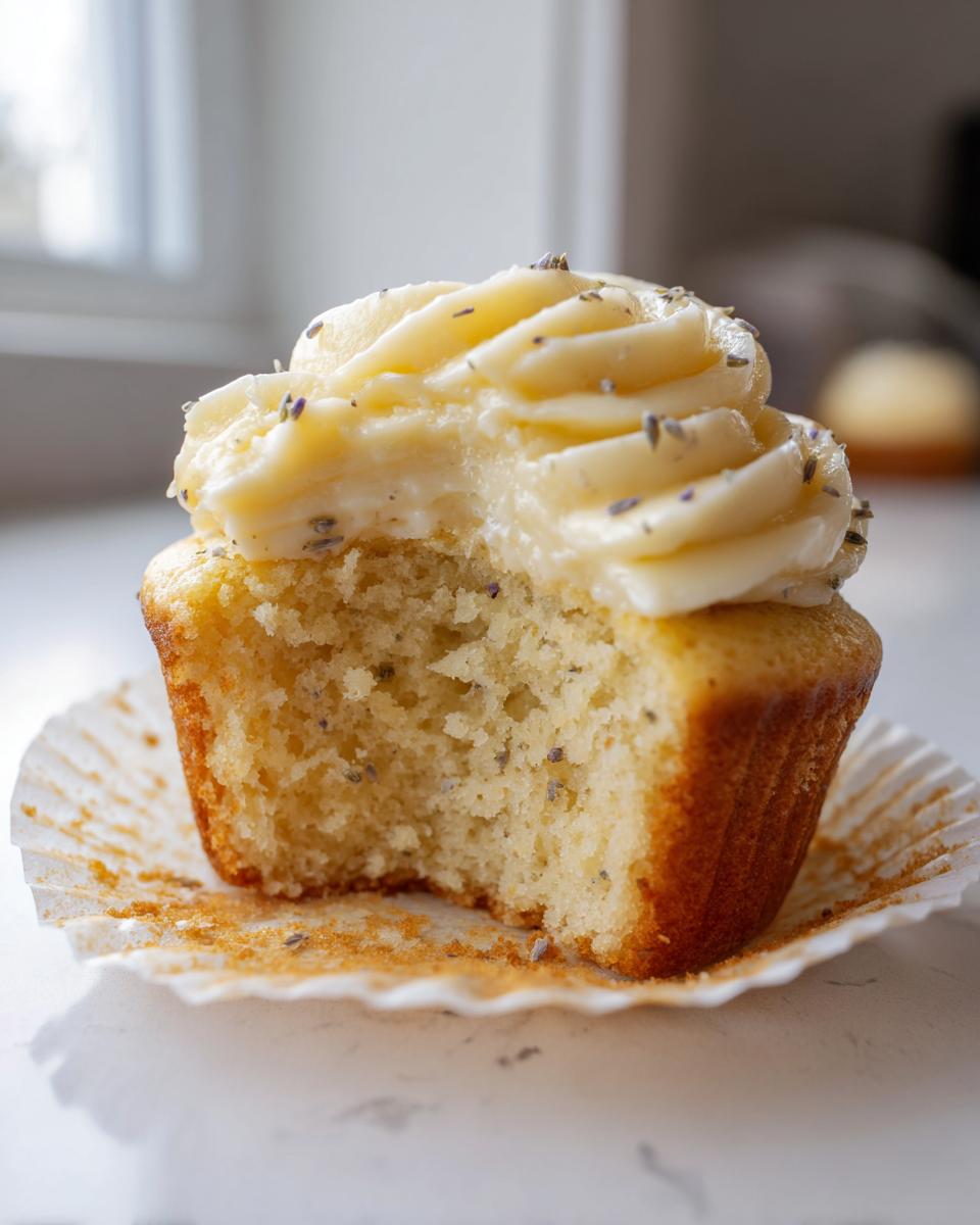 A close-up of a lavender honey cupcake with a bite taken out, showing the moist crumb and honey-colored frosting sprinkled with lavender buds.