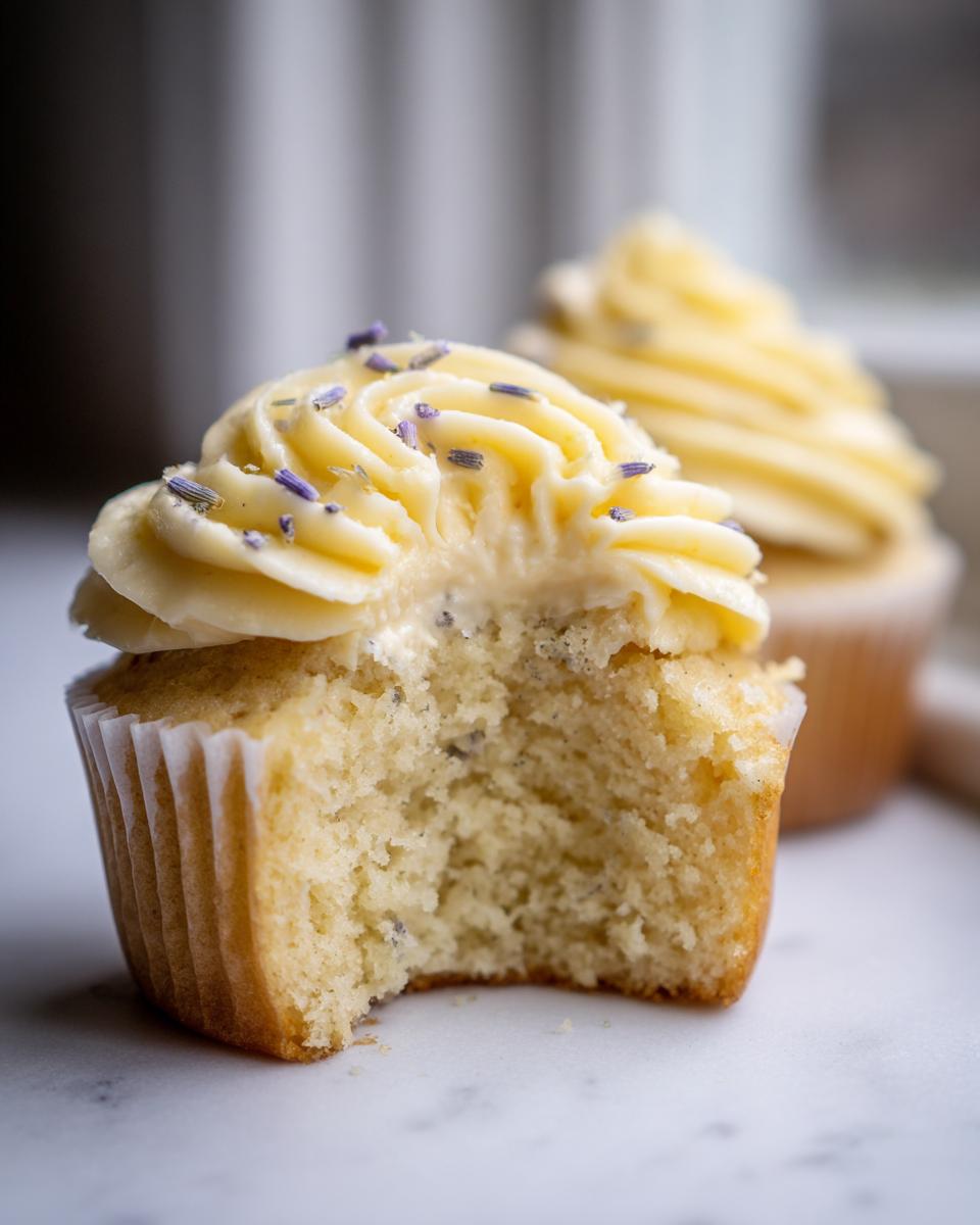Close-up of a lavender honey cupcake with a bite taken out, showing the moist interior and honey-colored frosting topped with lavender buds.