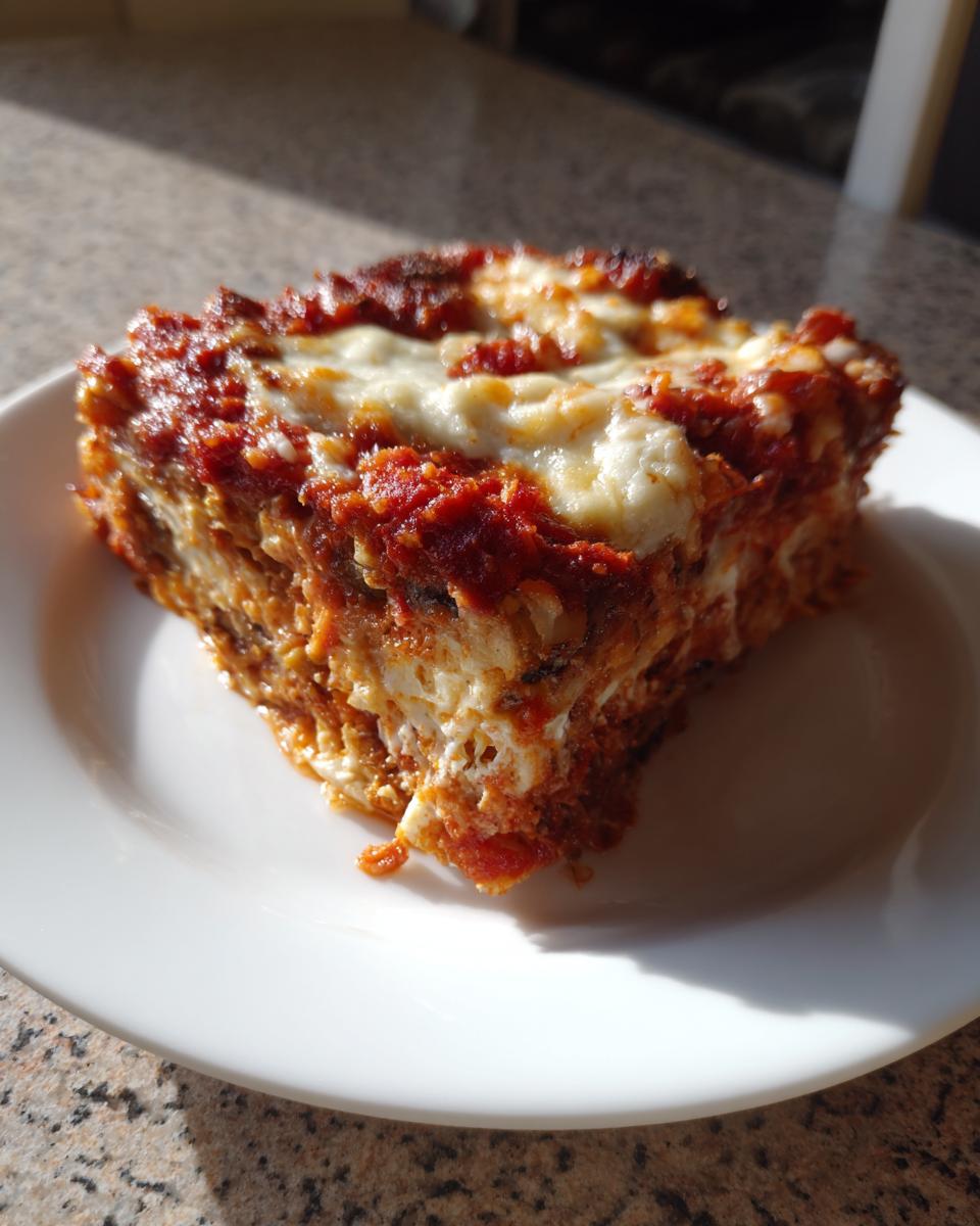 A thick, multi-layered slice of baked eggplant parmesan with melted cheese and rich tomato sauce, served on a white plate.