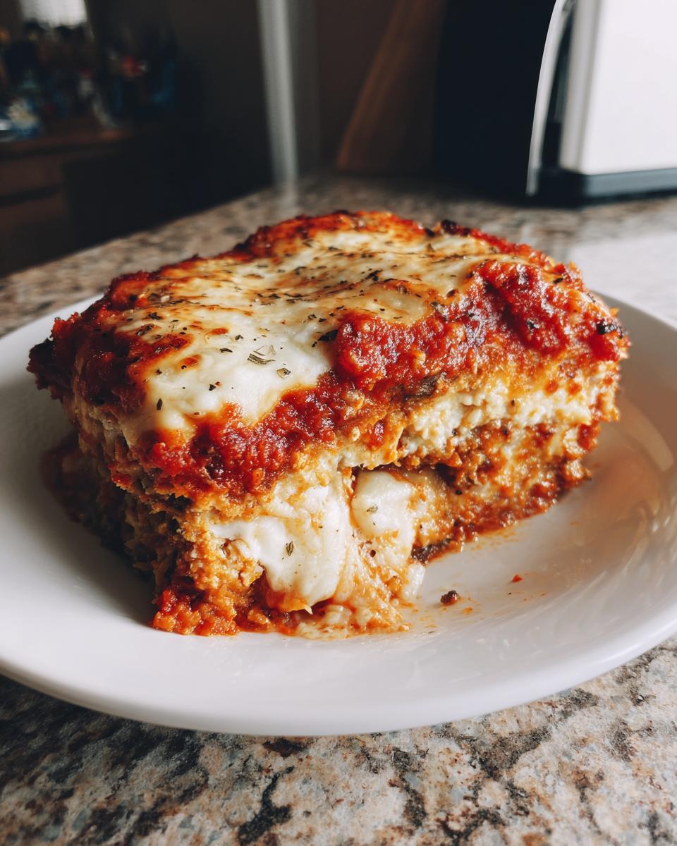 A thick, layered slice of baked eggplant parmesan with melted mozzarella cheese and rich tomato sauce.