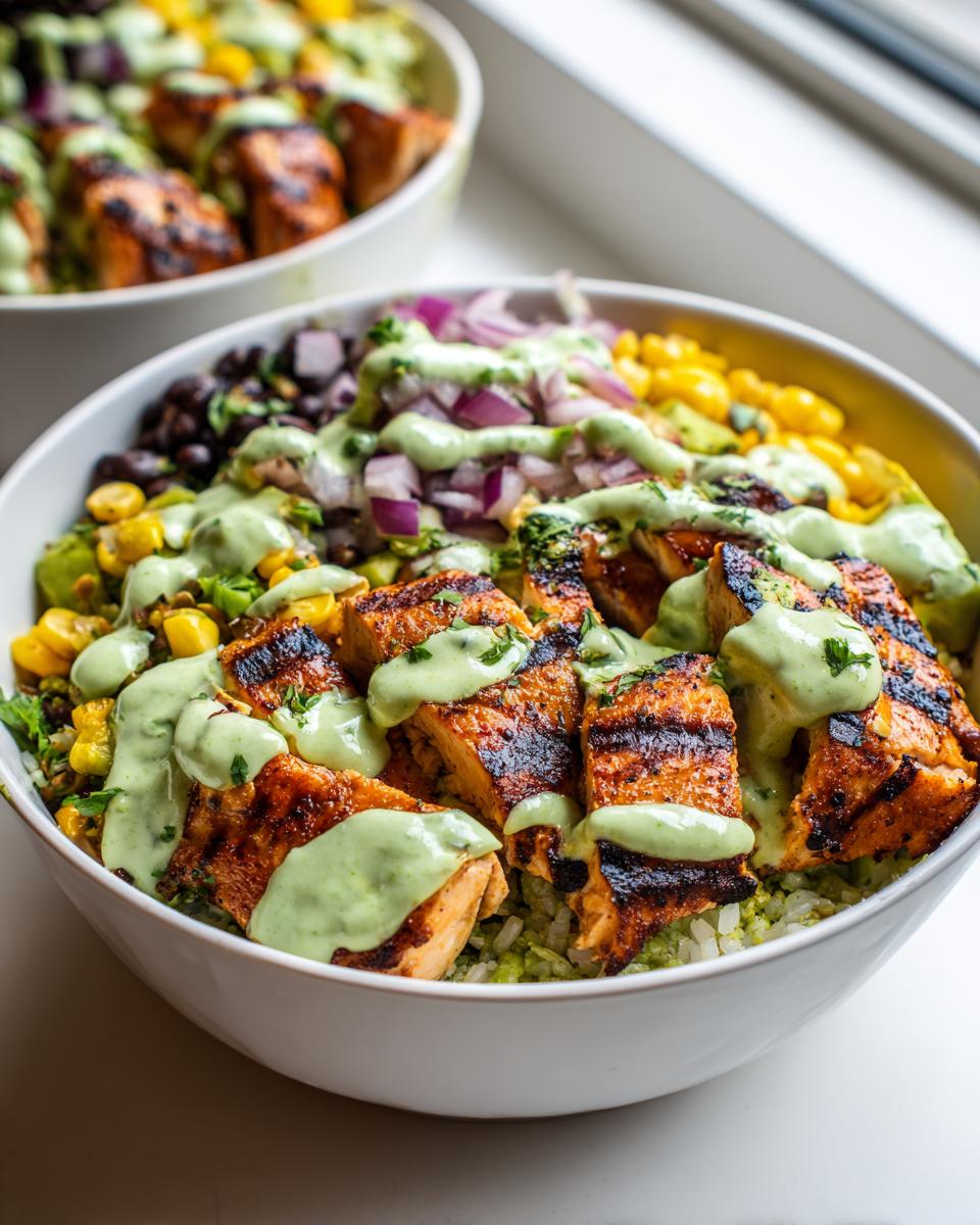 Close-up of a vibrant lemon chili grilled chicken bowls featuring grilled chicken pieces, corn, black beans, and a creamy green sauce.