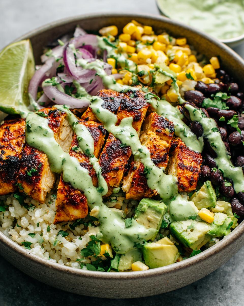 Close-up of a lemon chili grilled chicken bowls featuring sliced chicken, rice, black beans, corn, avocado, and a green creamy sauce.