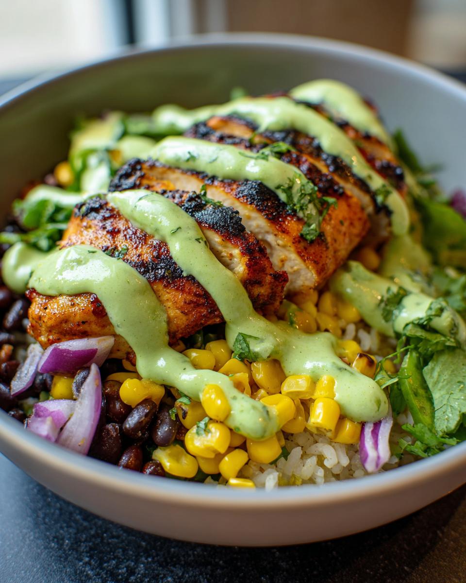 Close-up of a lemon chili grilled chicken bowls featuring sliced chicken, corn, black beans, and a creamy green sauce.