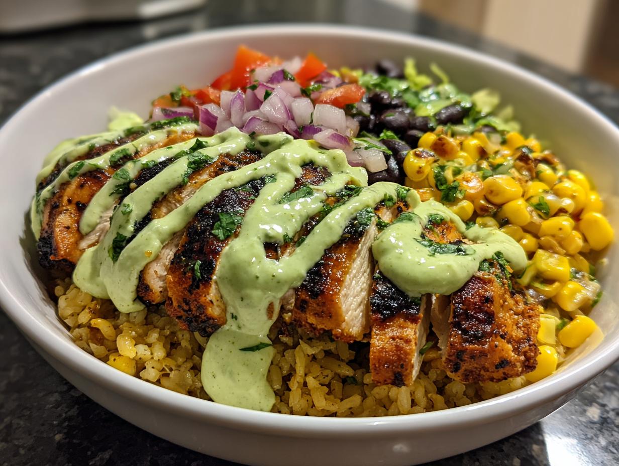 Close-up of a lemon chili grilled chicken bowls featuring sliced seasoned chicken, rice, corn, black beans, and a green creamy drizzle.