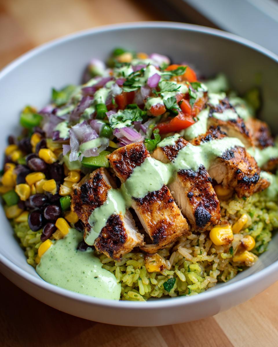 Close-up of a lemon chili grilled chicken bowls featuring sliced, charred chicken over green rice, topped with corn, black beans, salsa, and creamy green sauce.