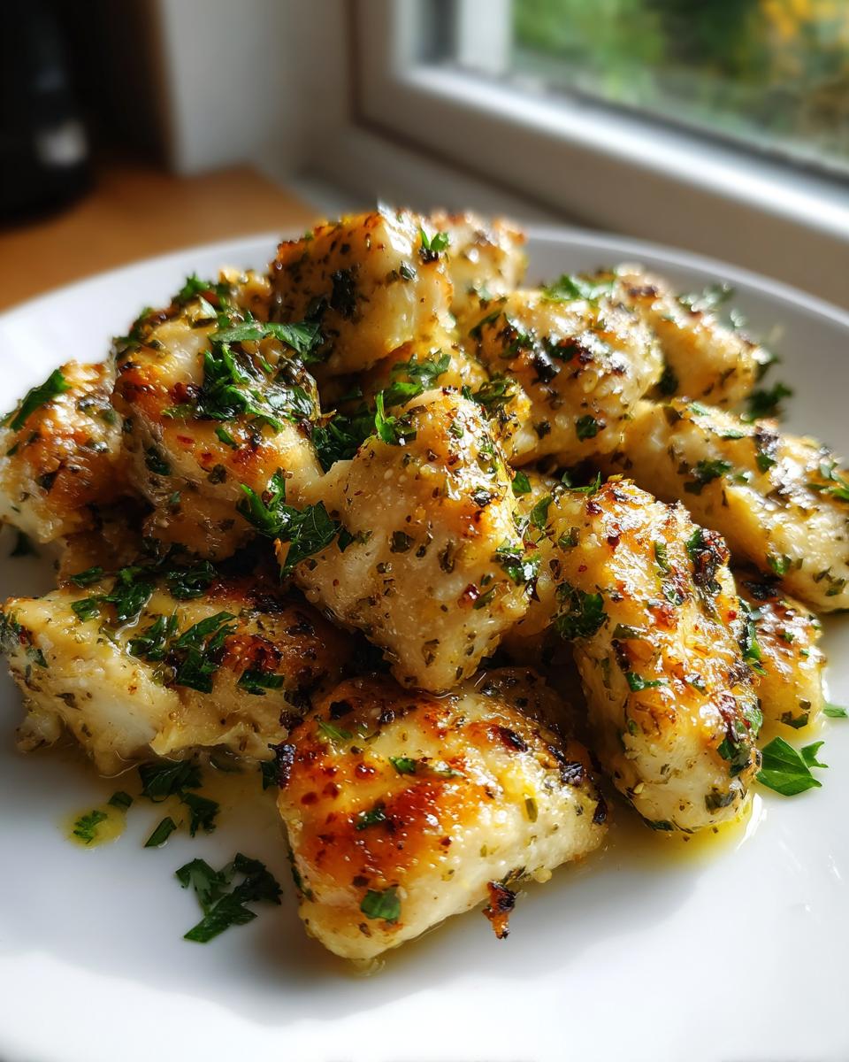 A close-up of golden brown lemon garlic chicken bites seasoned with herbs and topped with fresh parsley.