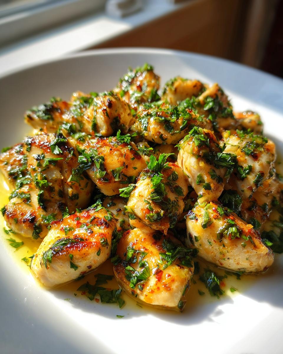A plate piled high with golden brown lemon garlic chicken bites, glistening in sauce and topped with fresh chopped parsley.