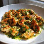 A white bowl filled with golden brown lemon garlic chicken bites generously topped with fresh parsley and garlic.