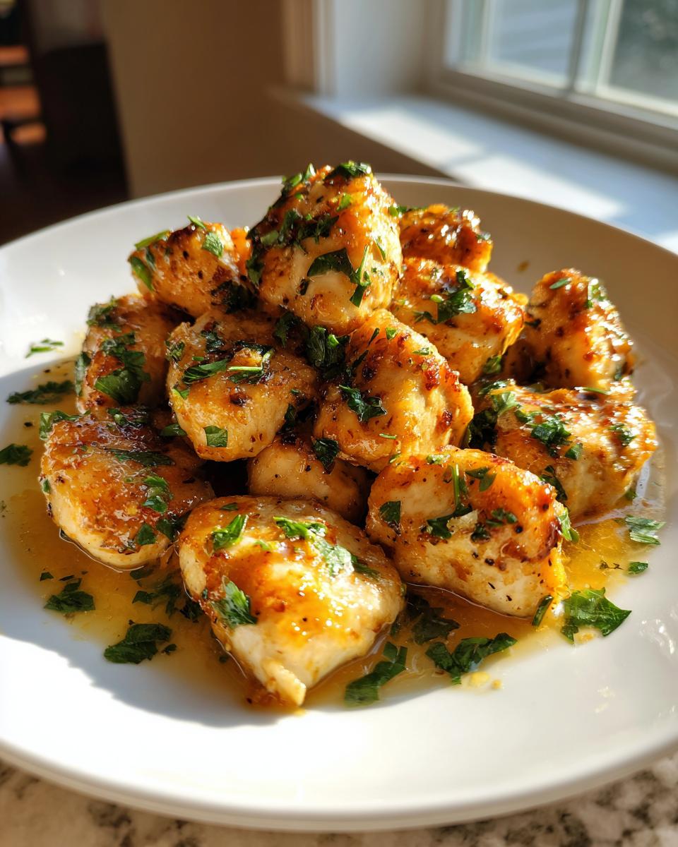 A pile of golden brown lemon garlic chicken bites glistening in sauce and topped with fresh parsley.