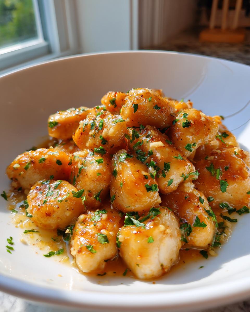 Close-up of glistening lemon garlic chicken bites coated in a savory sauce and topped with fresh parsley.