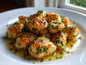 Close-up of golden brown lemon garlic chicken bites coated in a glossy sauce and sprinkled with fresh parsley.