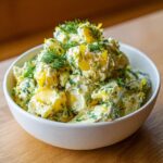 Close-up of a white bowl filled with creamy lemon herb dill pickle potato salad, topped with fresh dill.