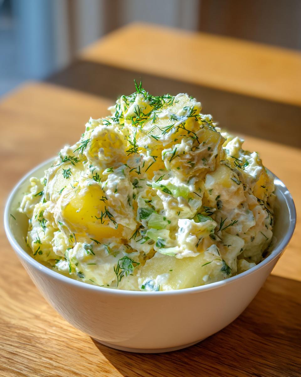 Close-up of a white bowl filled with creamy lemon herb dill pickle potato salad, topped generously with fresh dill.