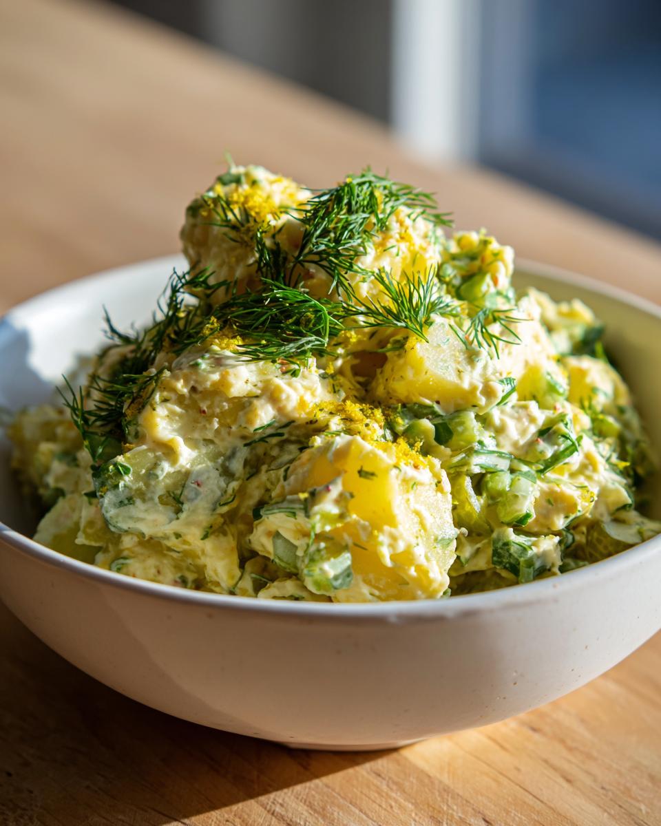 Close-up of a creamy lemon herb dill pickle potato salad topped with fresh dill.