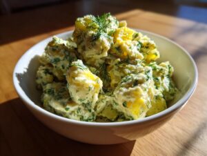 A white bowl filled with creamy lemon herb dill pickle potato salad, garnished with fresh dill sprigs.