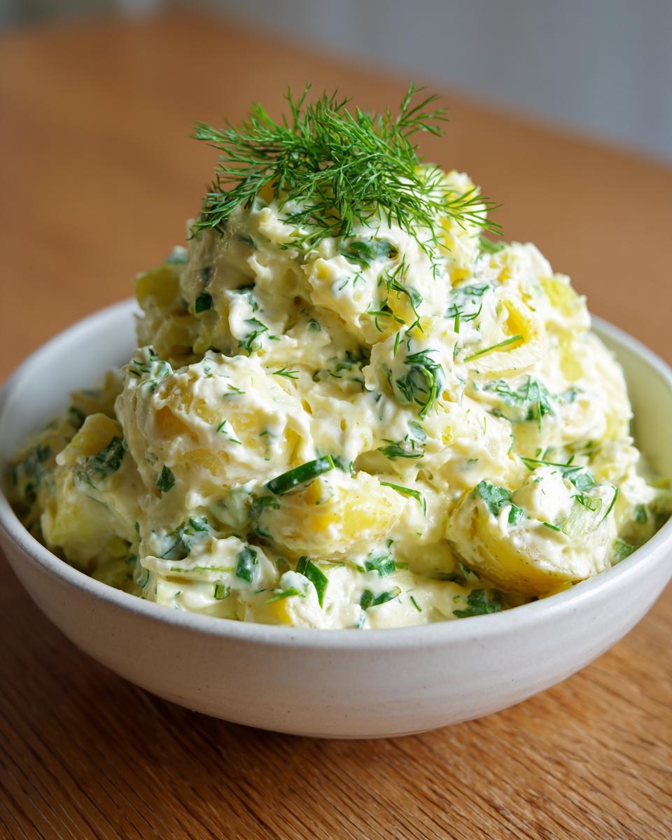 A close-up of creamy lemon herb dill pickle potato salad topped with fresh dill in a white bowl.