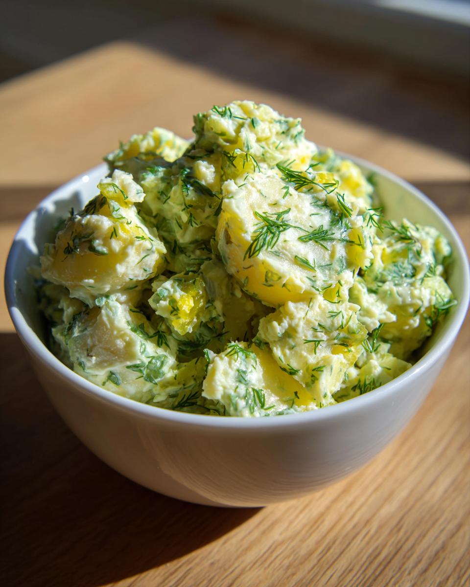 Close-up of a white bowl filled with creamy lemon herb dill pickle potato salad, heavily garnished with fresh dill.