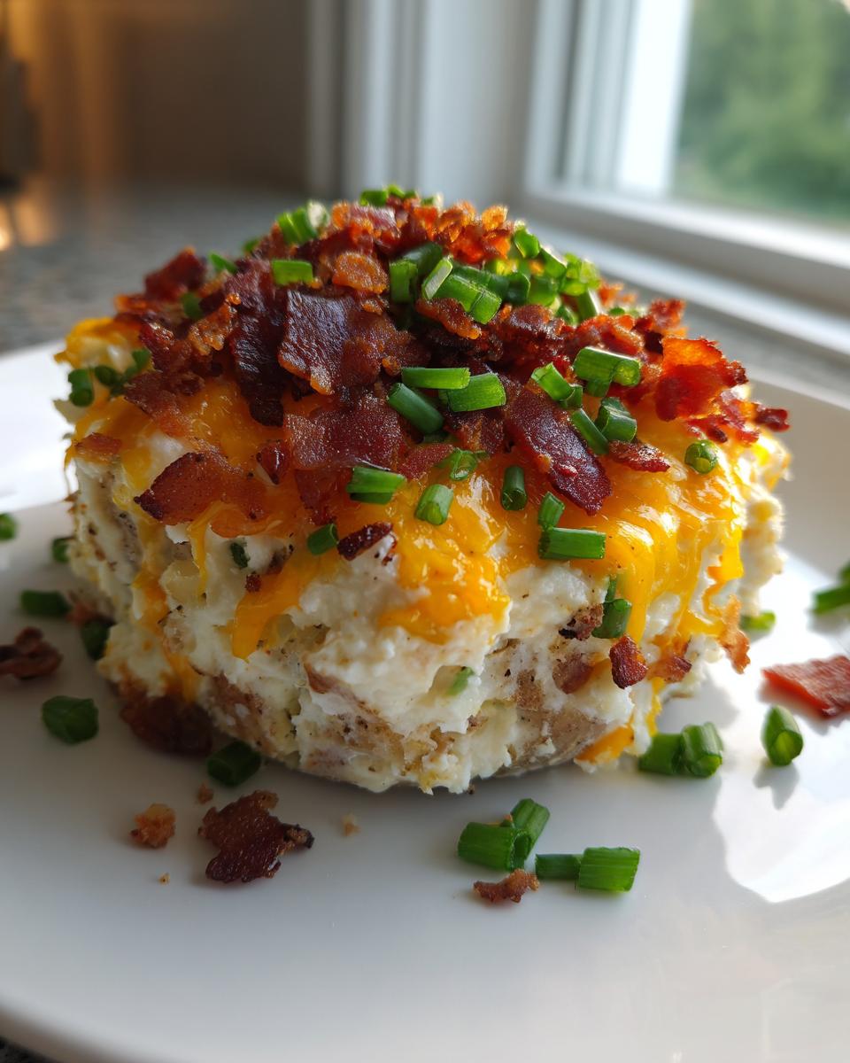A molded serving of creamy loaded baked potato salad topped with melted cheddar cheese, crispy bacon bits, and fresh green chives.
