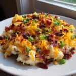 A close-up of loaded baked potato salad piled high with shredded cheddar cheese, crispy bacon bits, and fresh green onions.