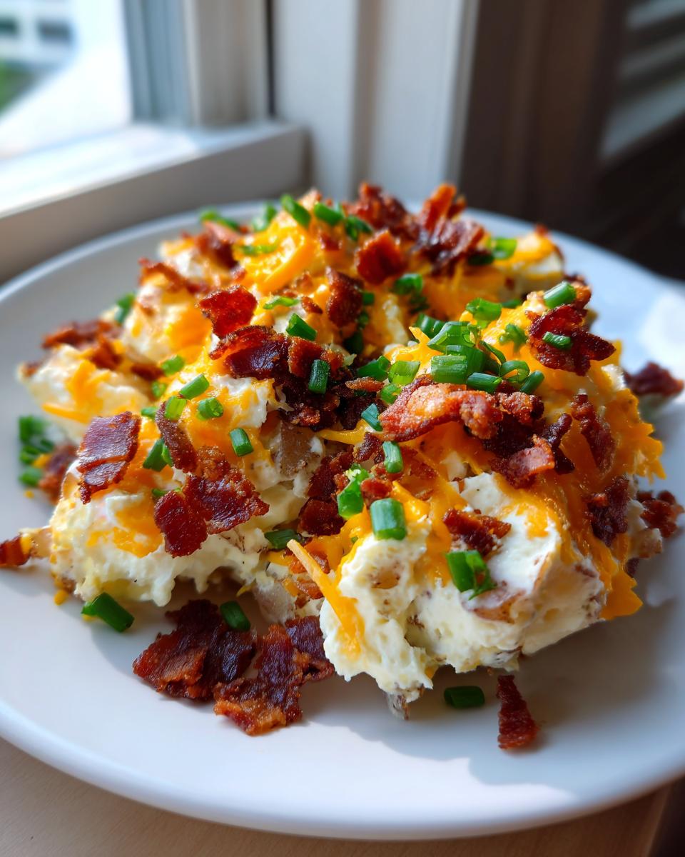 A close-up of a serving of loaded baked potato salad topped generously with shredded cheddar, crispy bacon bits, and fresh chives.