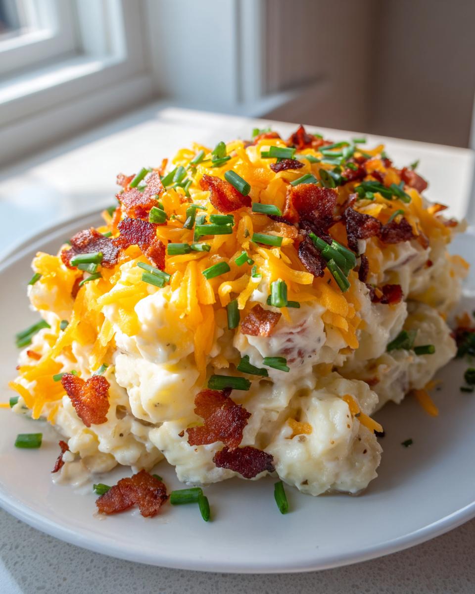 A generous serving of loaded baked potato salad piled high with shredded cheddar cheese, bacon bits, and fresh chives.