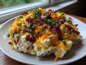 A generous serving of loaded baked potato salad topped with shredded cheddar cheese, crispy bacon bits, and fresh chives.
