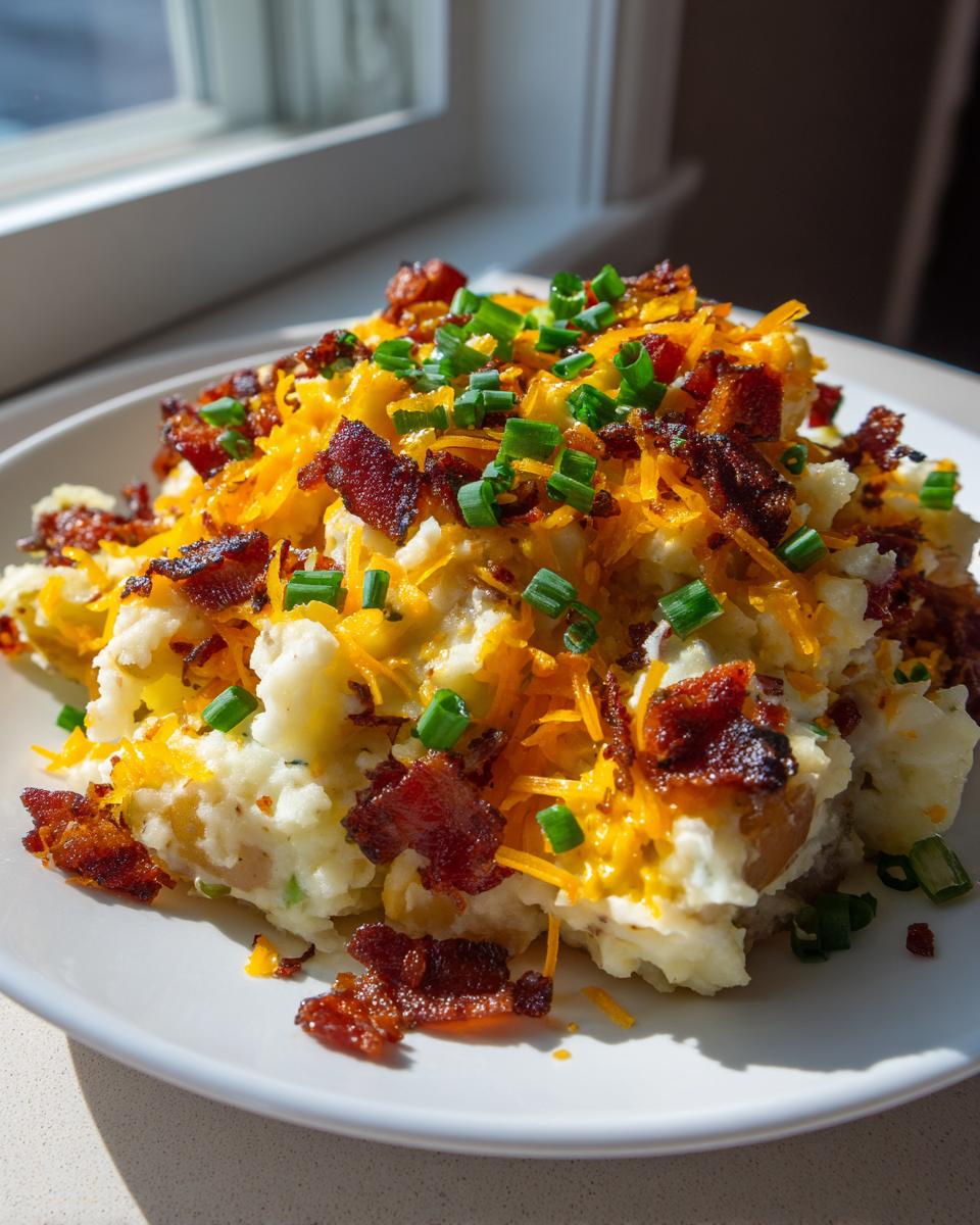 A close-up of a generous serving of loaded baked potato salad topped with shredded cheddar cheese, crispy bacon bits, and fresh chives.