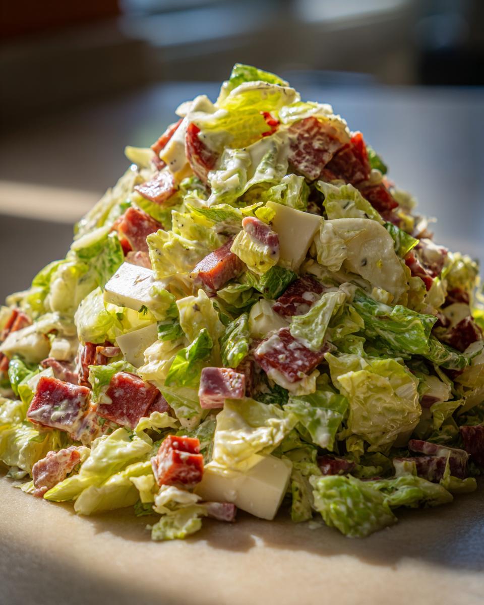 A mound of fresh grinder salad featuring chopped lettuce, cubes of salami, and chunks of white cheese tossed in creamy dressing.