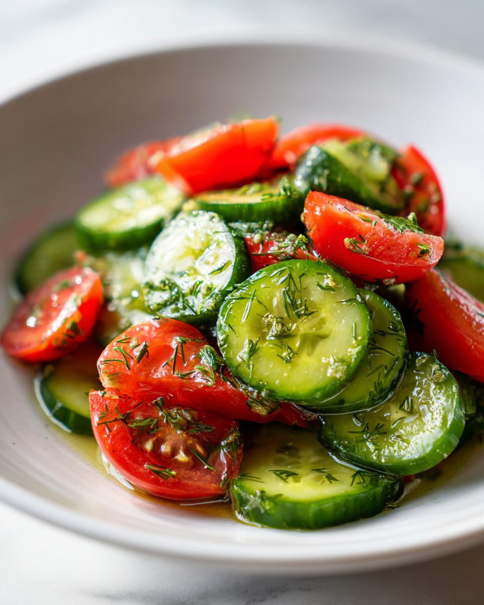 Close-up of vibrant marinated cucumber tomato salad slices tossed with fresh dill and dressing.
