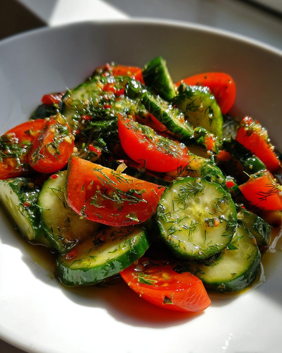Close-up of marinated cucumber tomato salad, glistening with dressing and fresh dill.