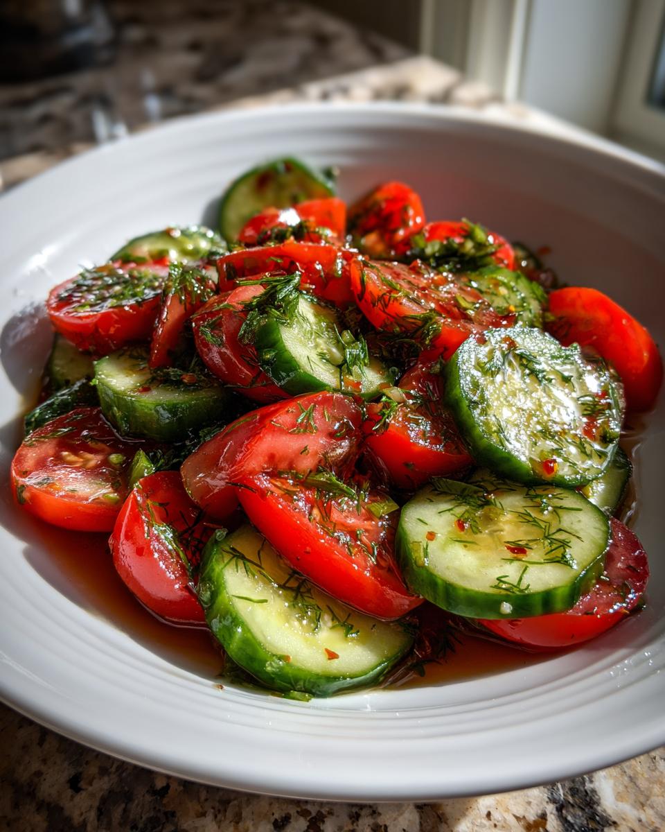 Close-up of vibrant marinated cucumber tomato salad tossed with fresh dill in a white bowl.