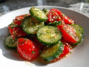 Close-up of bright red tomatoes and sliced cucumbers in a marinated cucumber tomato salad, heavily seasoned with dill.