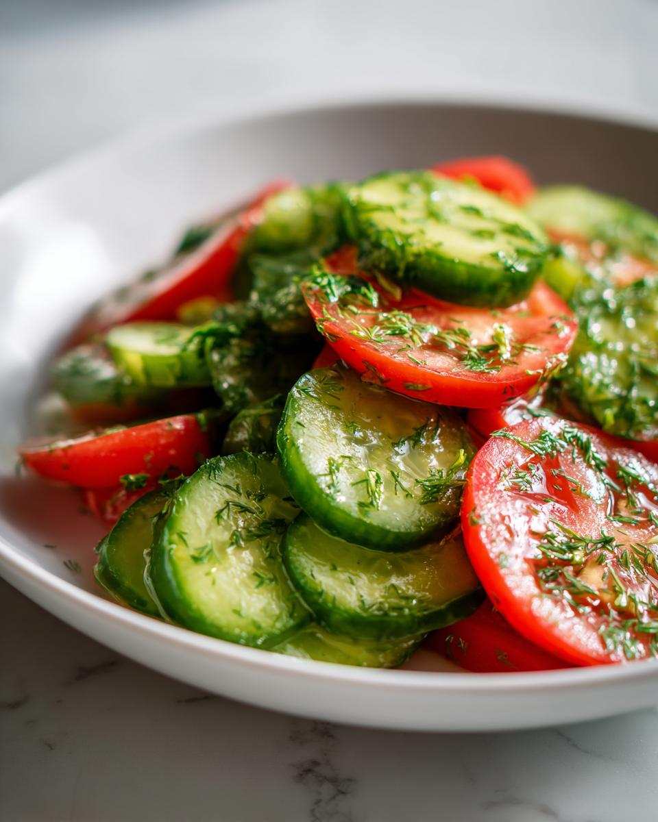 Close-up of sliced tomatoes and cucumbers in a marinated cucumber tomato salad, heavily garnished with fresh dill.