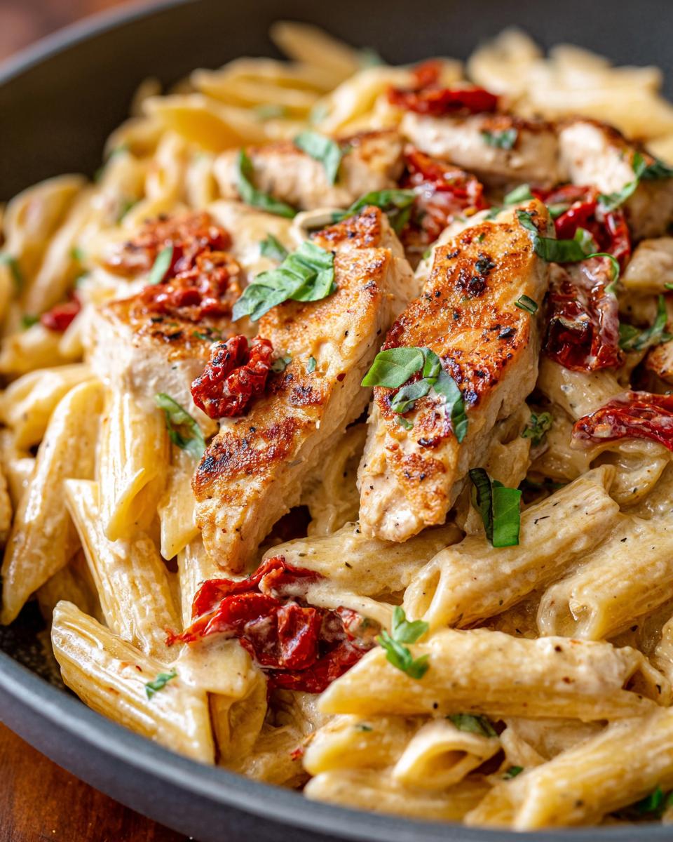 Close-up of creamy marry me chicken pasta featuring seared chicken breast slices, sun-dried tomatoes, and fresh basil.