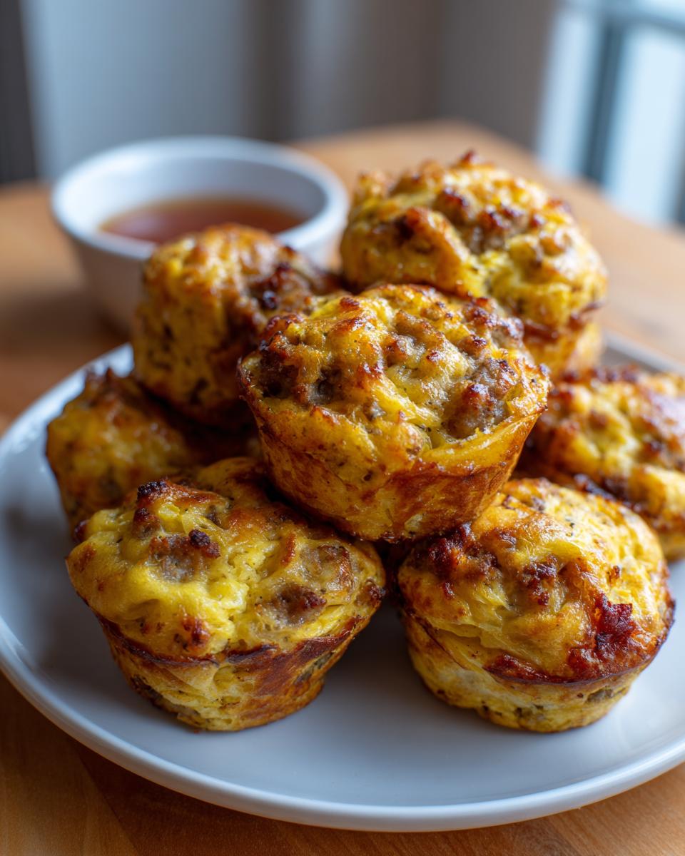 A stack of freshly baked, golden brown McGriddle Bites on a light gray plate with a small bowl of syrup in the background.