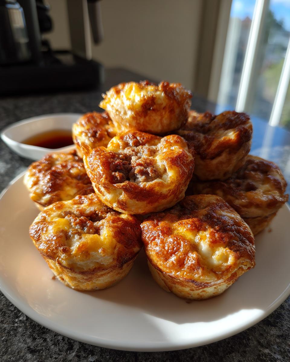 A stack of freshly baked, golden brown McGriddle bites piled high on a white plate, with syrup visible in the background.