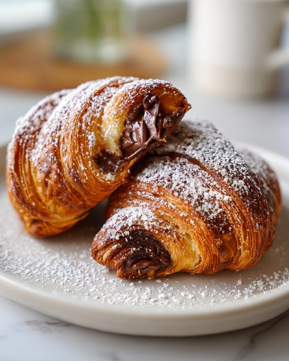 Two flaky, golden brown chocolate croissants dusted heavily with powdered sugar, showing melted chocolate filling.