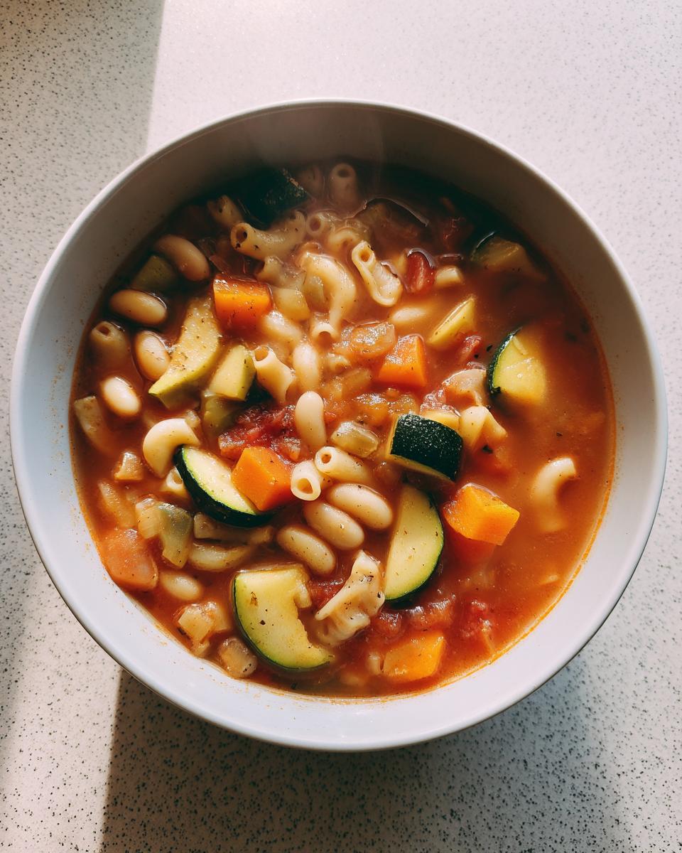 Close-up of a steaming white bowl filled with rich minestrone soup featuring pasta, white beans, zucchini, and carrots.