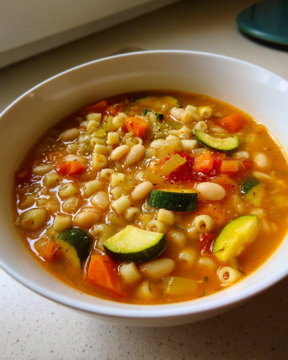 Close-up of a white bowl filled with rich, orange-broth minestrone soup featuring zucchini, carrots, beans, and small pasta.