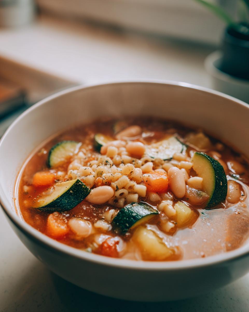 Close-up of a steaming white bowl filled with rich minestrone soup featuring zucchini, carrots, beans, and small pasta.