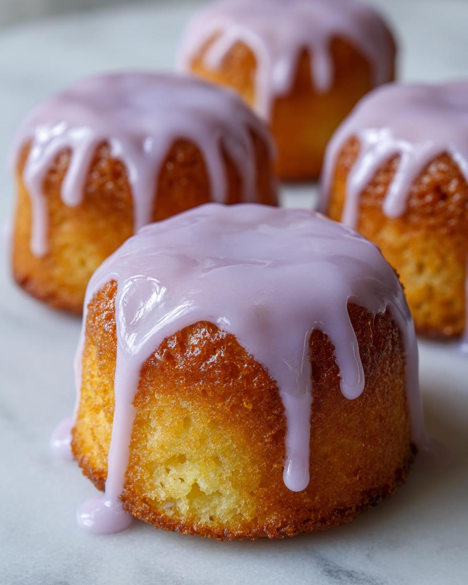 Close-up of a golden mini lemon cake topped with dripping lavender glaze.