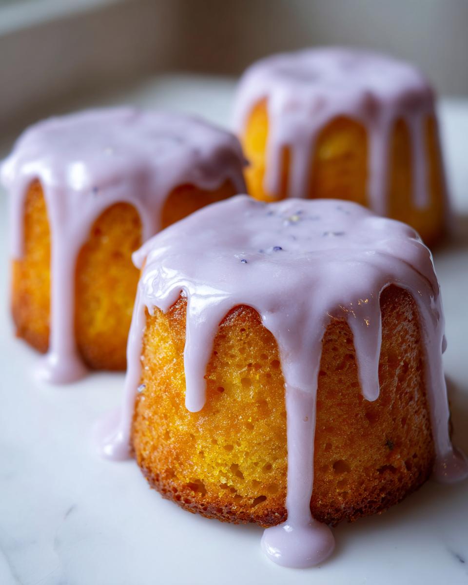 Three golden mini lemon cakes topped with thick, dripping lavender glaze, featuring specks of lavender buds.