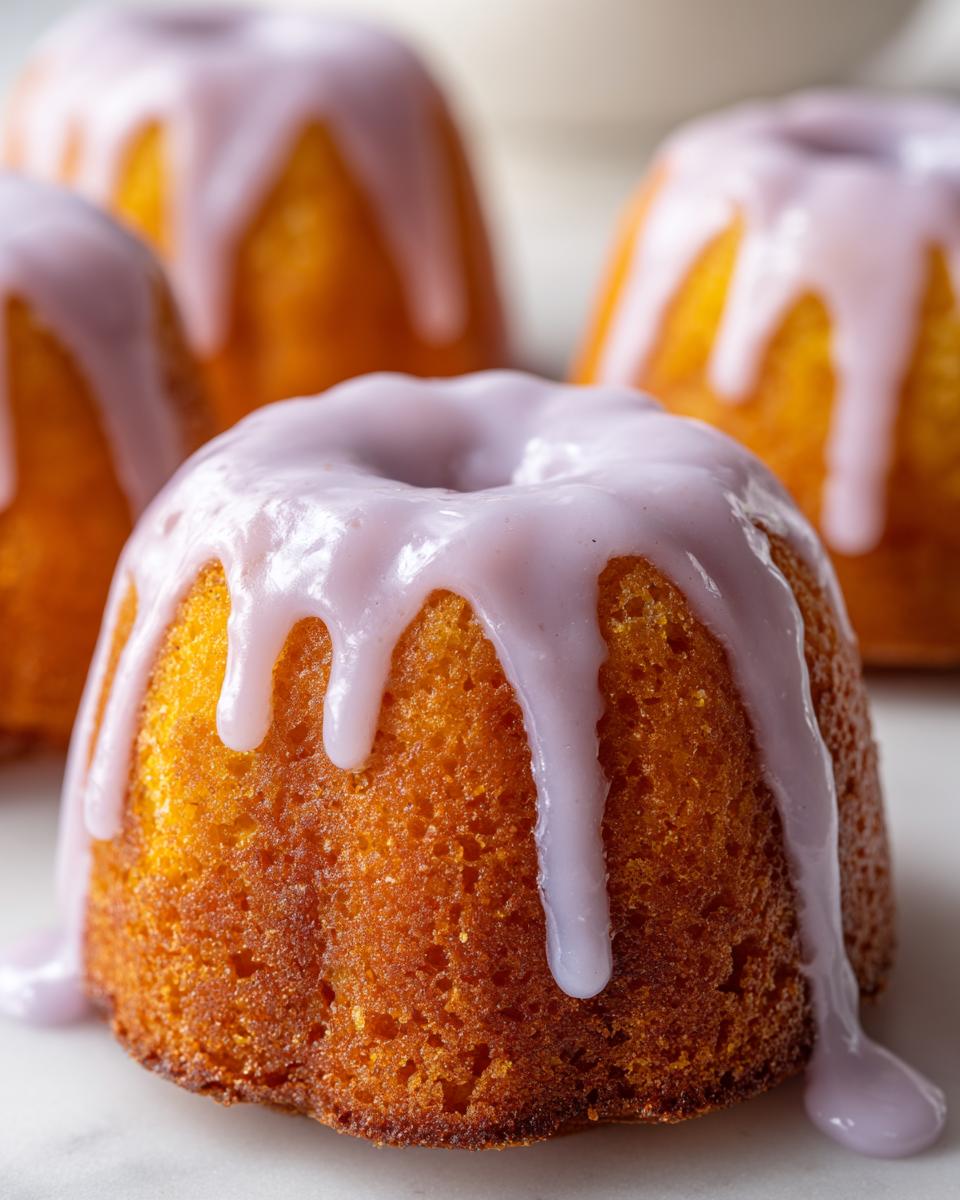 Close-up of a golden mini lemon cake topped with dripping lavender glaze, part of a batch of mini lemon cakes with lavender glaze.
